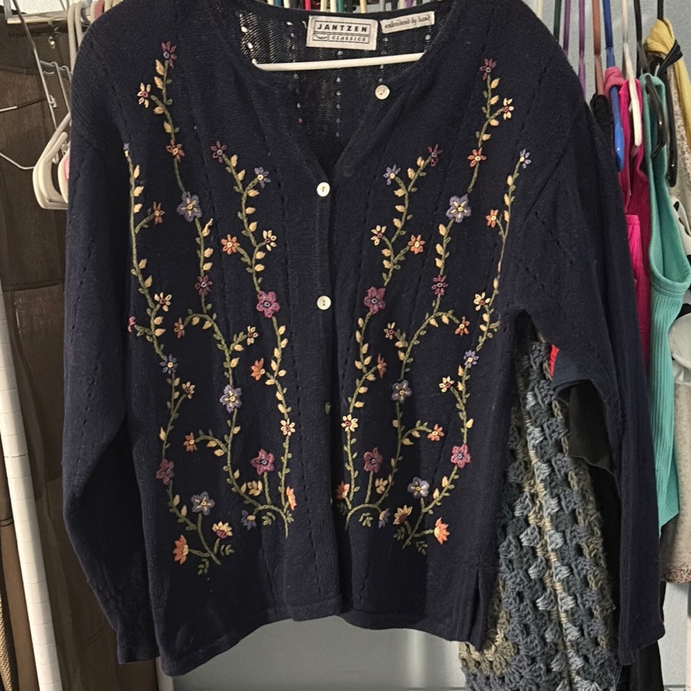 Jantzen Women's Navy Cardigan with Floral Embroidery
